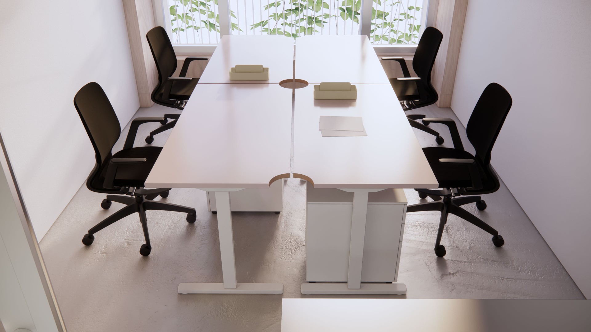 Lichtdurchflutetes 4er-B&uuml;ro mit festen Arbeitspl&auml;tzen, Holzw&auml;nden und modernem Interieur