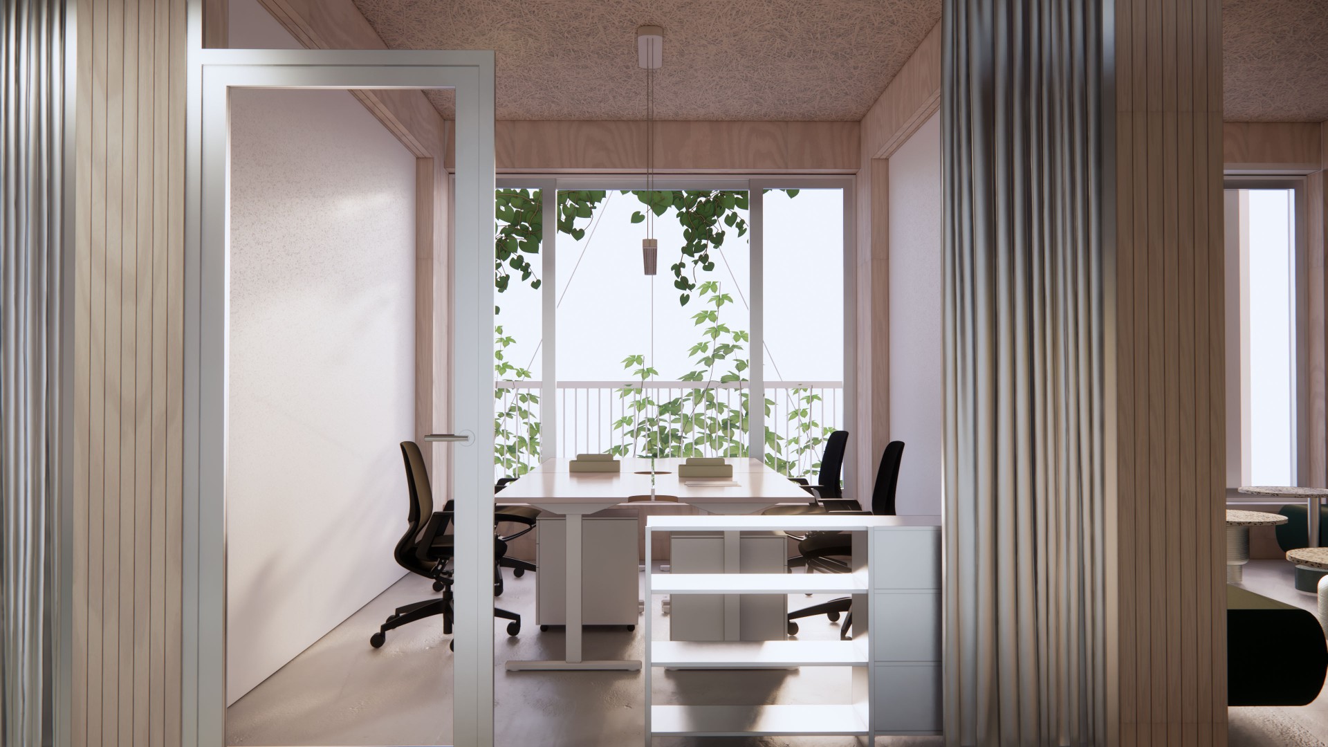 Lichtdurchflutetes 4er-B&uuml;ro mit festen Arbeitspl&auml;tzen, Holzw&auml;nden und modernem Interieur