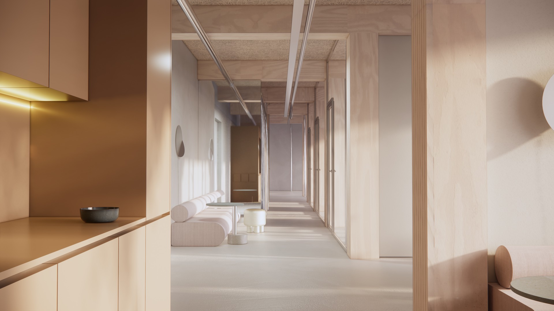 Die geplante Lounge zeigt eine helle, offene Atmosph&auml;re mit minimalistischen M&ouml;beln, Beton- und Holzelementen sowie einem gemeinschaftlichen Sitzbereich