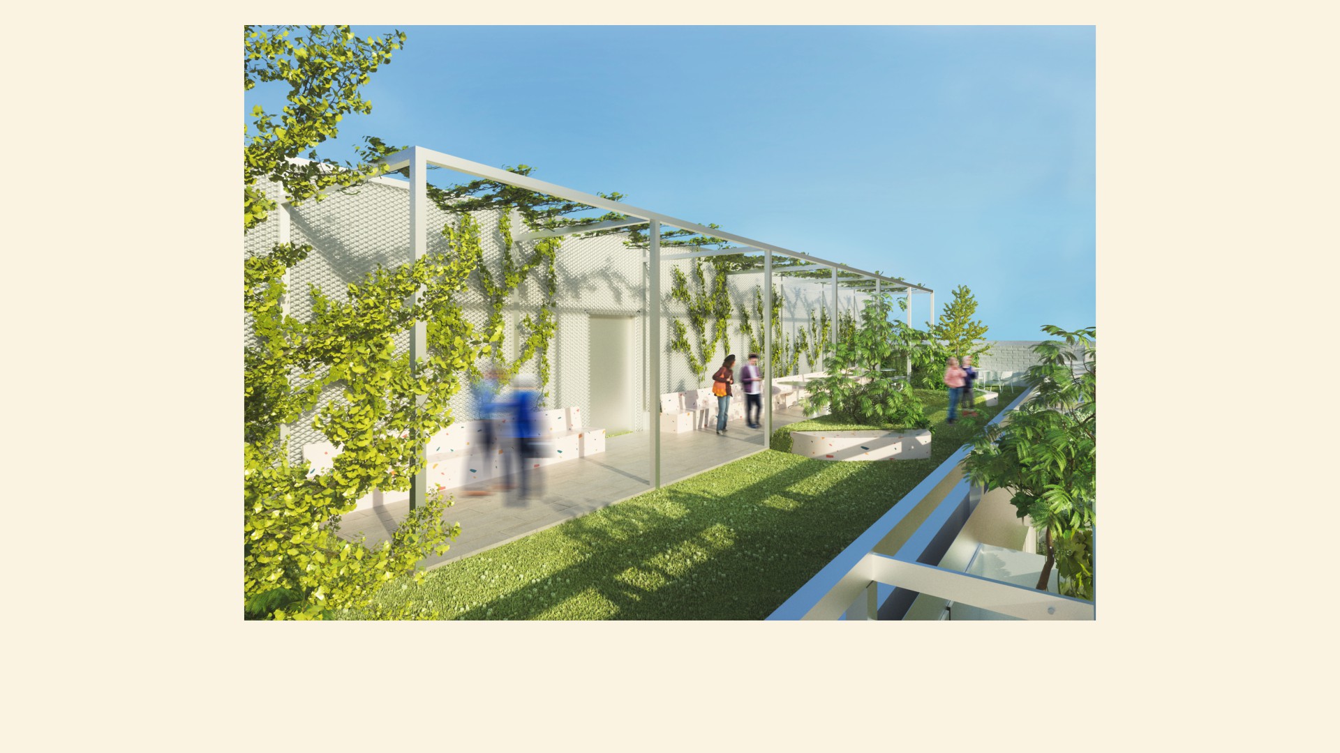 Dachterrasse mit Pergola, Kletterpflanzen an der Wand, Sitzgelegenheiten und mehreren Personen, umgeben von begr&uuml;nten Pflanzen, Rasenfl&auml;che und blauem Himmel