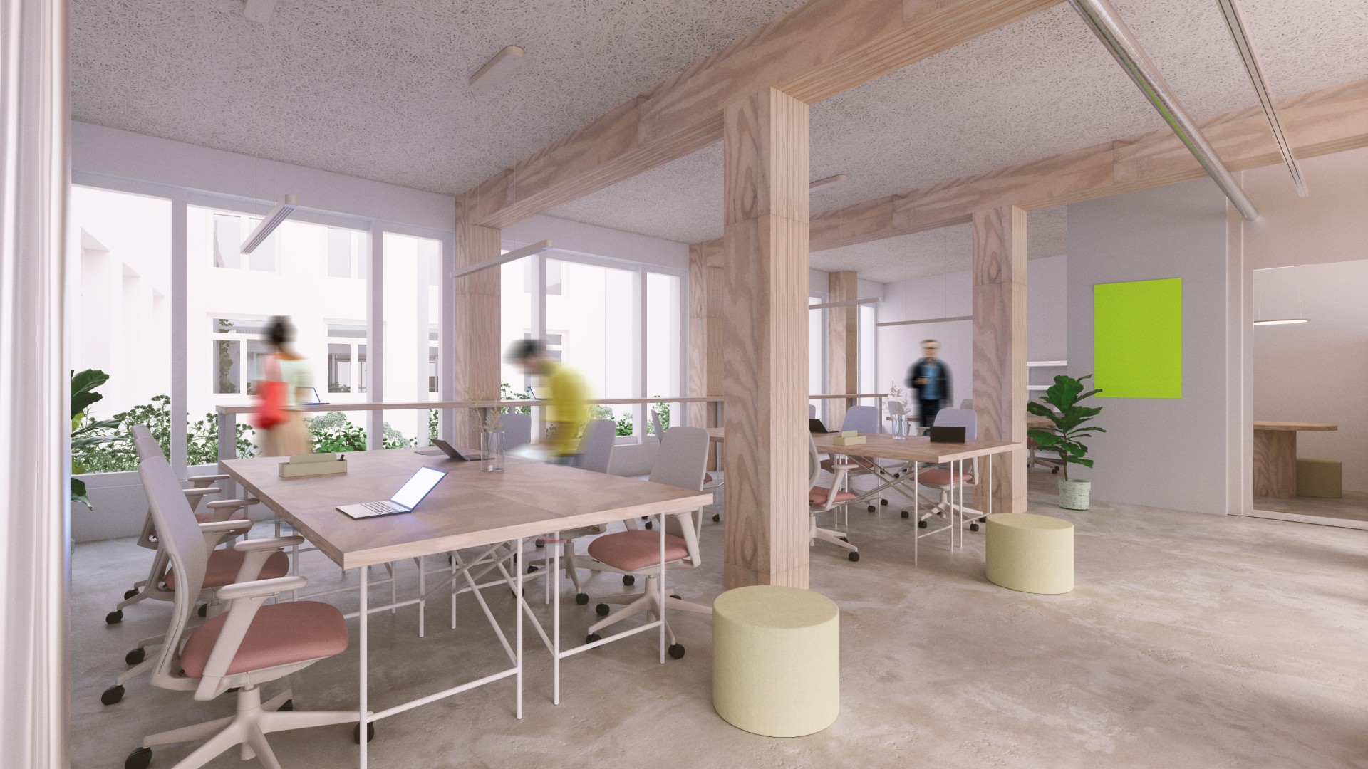Open Space f&uuml;r Pro-Desk-Mitglieder mit Holzbalken, mehreren Tischen, B&uuml;rost&uuml;hlen und Personen, die an Laptops arbeiten
