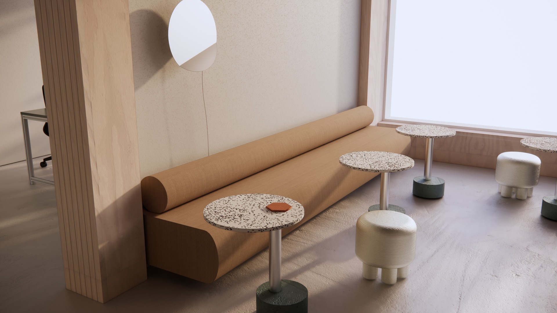 Die geplante Lounge zeigt eine helle, offene Atmosph&auml;re mit minimalistischen M&ouml;beln, Beton- und Holzelementen sowie einem gemeinschaftlichen Sitzbereich