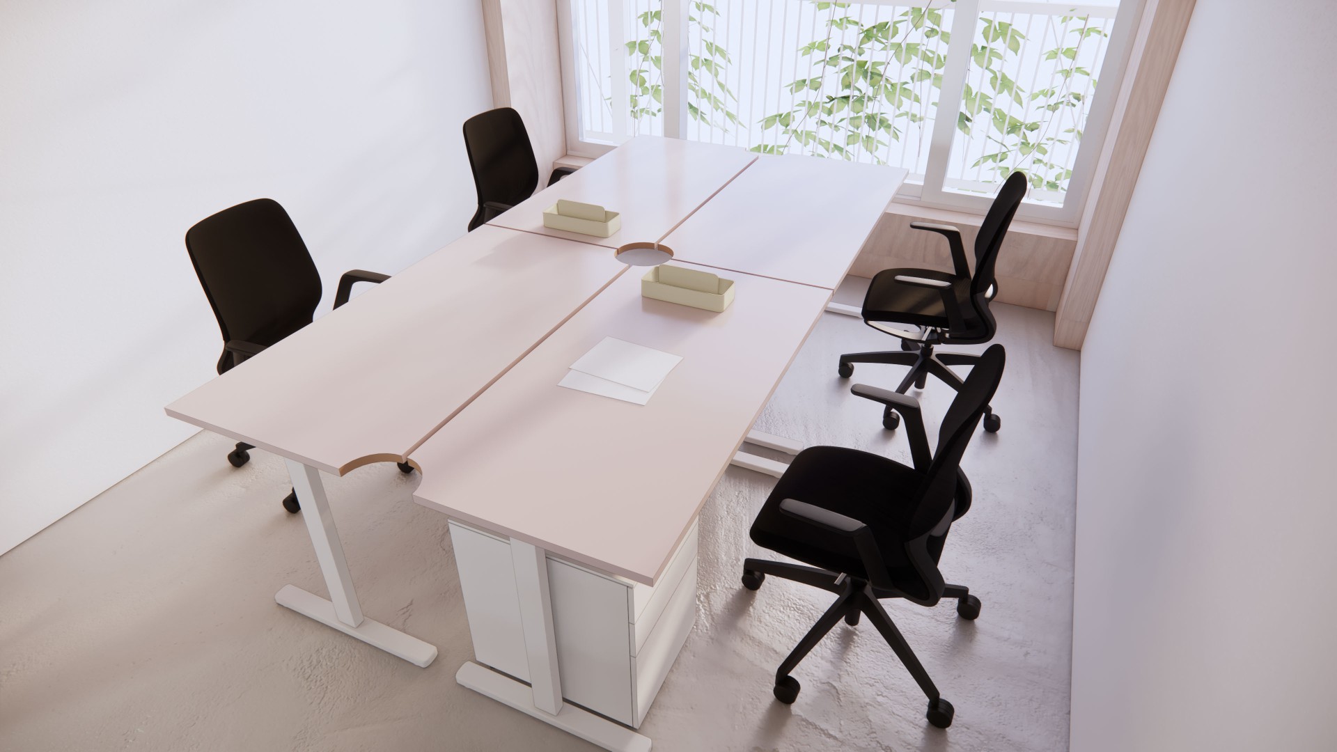 Lichtdurchflutetes 4er-B&uuml;ro mit festen Arbeitspl&auml;tzen, Holzw&auml;nden und modernem Interieur